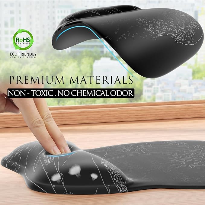 MROCO Ergonomic Mouse Pad with Gel Wrist Rest, 9.4 x 8.1 in, Kanagawa Wave | Ergonomic Shape Design, Multiple Pattern Options, Gel Wrist Comfort, Smooth Lycra Surface, Non-Slip PU Base