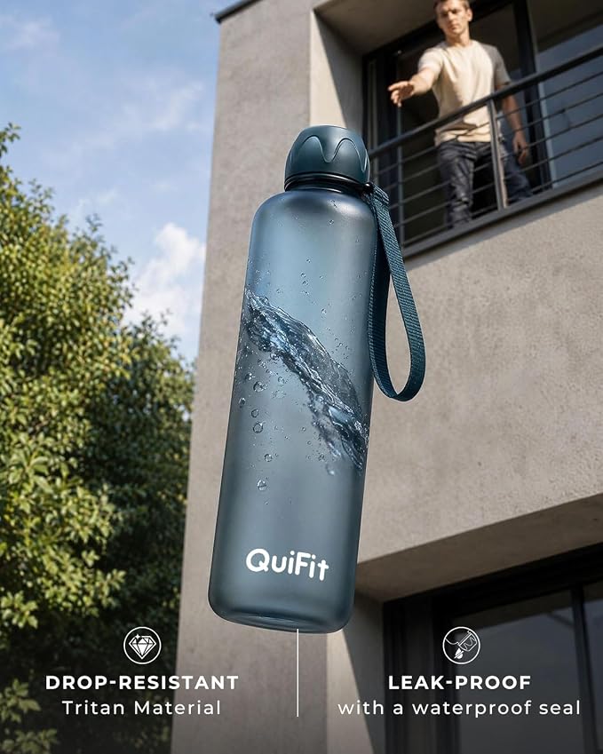 Slim Water Bottle 32 OZ with Stainless Steel Lid, Dishwasher Safe 1 Liter Plastic Water Bottle BPA-Free, Leakproof Lightweight with Time Marker, Reusable for Running School Sport Gym Travel Hiking