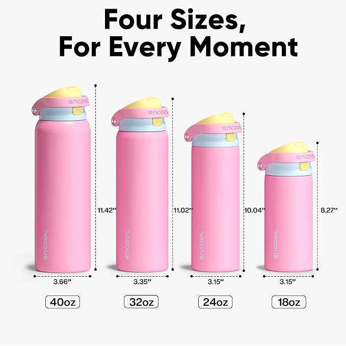 ENCOOL Leakproof Insulated Water Bottle with Straw Dual-Sip Water Bottle Bag-Safe Design for Work, Commute & Gym – Keeps Drinks Cold All Day, 24 oz, Shell Pink
