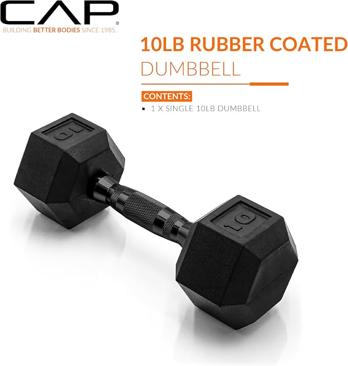 CAP Rubber Coated Dumbbell Weights, Free Weights for Home Gym Strength Training, Anti-Roll Hex Dumbbells with Black, Chrome & Comfort Grip Handles, Singles