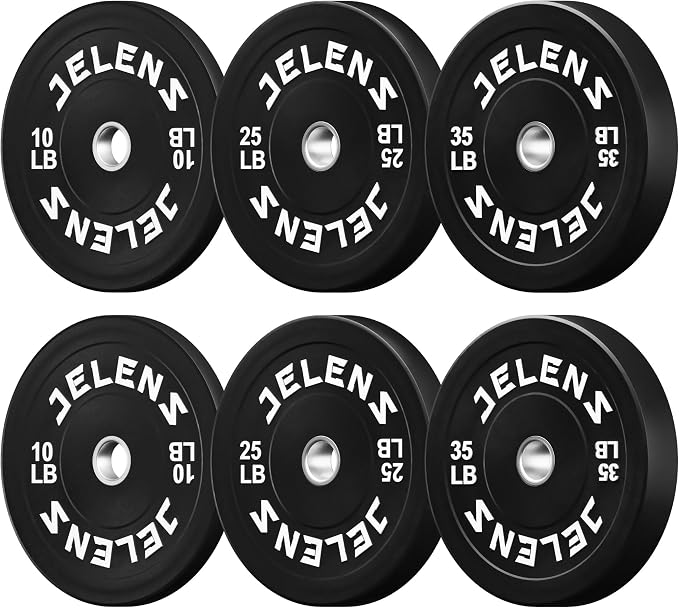 JELENS Olympic Barbell Weight Plates Set, 2-Inch Black/Colored Rubber Bumper Plate Weight Set for Strength Training and Weightlifting, Multiple Options