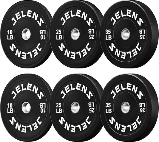 JELENS Olympic Barbell Weight Plates Set, 2-Inch Black/Colored Rubber Bumper Plate Weight Set for Strength Training and Weightlifting, Multiple Options