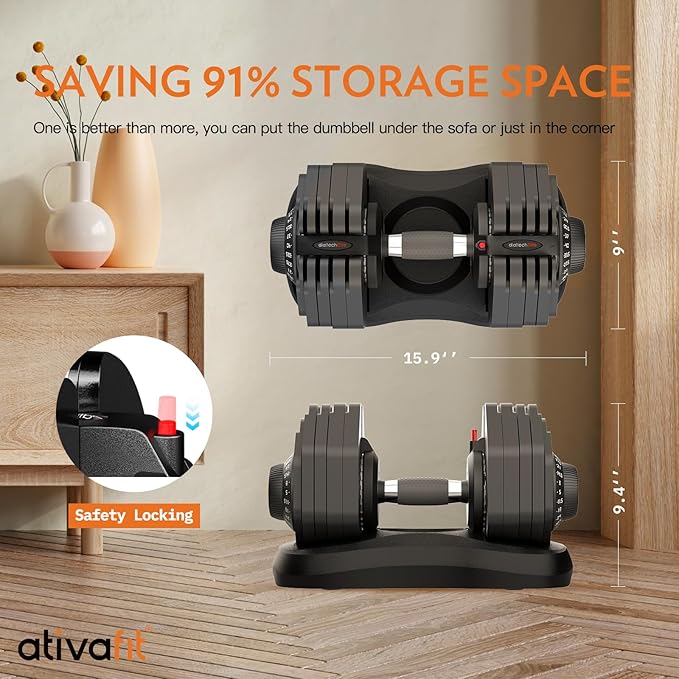 ATIVAFIT Adjustable Dumbbells Set, 5–88LB Quick Adjust Free Weights with Double Safety Lock & Anti-Slip Steel Handle, Space Saving Home Gym Equipment for Full Body Strength Training