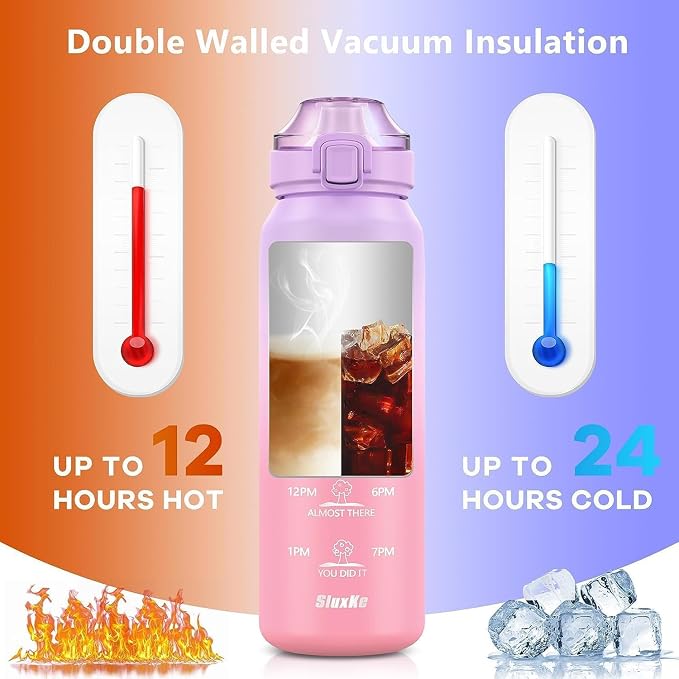 SLUXKE Stainless Steel Insulated Water Bottle 32oz with Handle, 1L Double Wall Insulated Bottle with Time Marker BPA Free, 1000ml Metal Water Flask for Outdoor Working School PURPLE PINK