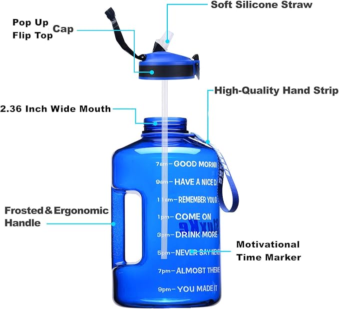 SLUXKE 1 Gallon Motivational Sports Water Bottle with Time Marker, BPA Free 128oz Leak Proof Jug, Black, Plastic, 128 ounces, Fitness, Sports, Outdoor Activities