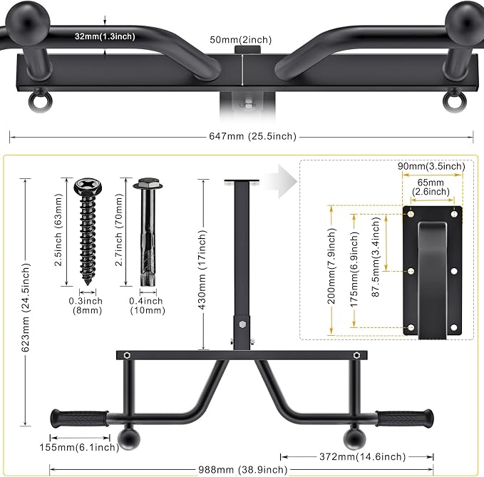 Kipika 48" Ceiling Mounted Pull Up Bar, Heavy Duty Multi-Grip Chin Up Bar,Mounted Pullup Bar, Adjustable Height, Pull Up Bands for Chin Ups & Body Stretching, Ideal for Home Gym and Strength Training