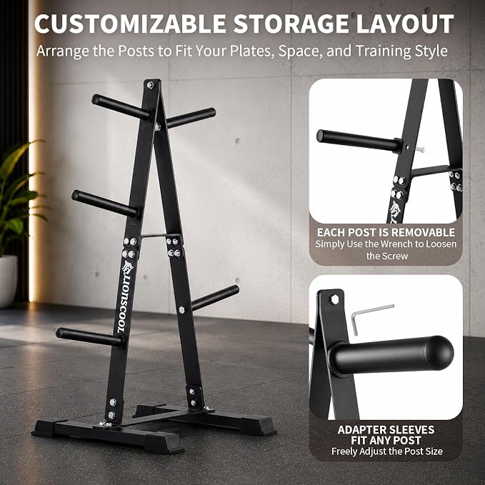 LIONSCOOL 1" & 2" Weight Plate Rack, Heavy Duty Weight Plate Tree, Olympic Weight Plate Holder with Removable Posts, Vertical Compact Weight Plate Storage Rack for Home Gym Garage Basement Fitness