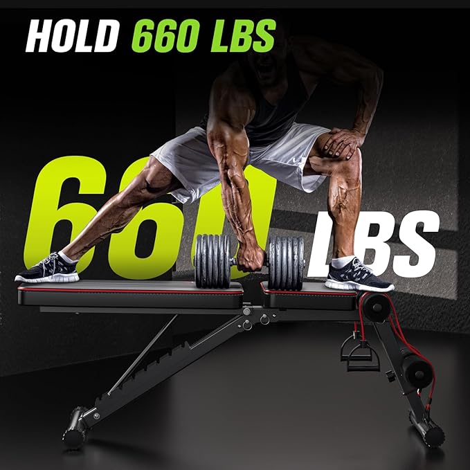 FitinOne Adjustable Folding Weight Bench for Home Gym, 660 lbs Capacity Multi-Functional Workout Bench Sturdy Durable for Full Body