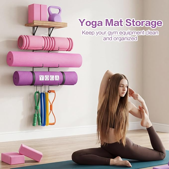 Bikoney Yoga Mat Holder Wall Mount Yoga Mat Storage Home Gym Accessories with Wood Floating Shelves and 4 Hooks for Hanging Foam Roller and Resistance Bands Fitness Home Gym Carbonized Black