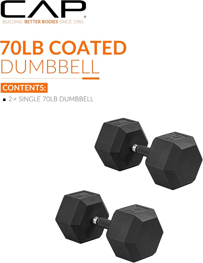 CAP Rubber Coated Dumbbell Weights, Free Weights for Home Gym Strength Training, Anti-Roll Hex Dumbbells with Black, Chrome & Comfort Grip Handles, Pairs & Sets