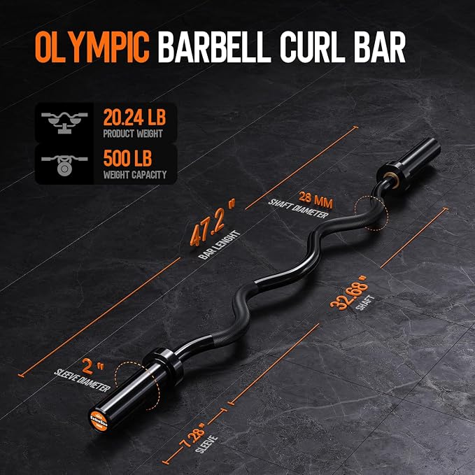 Olympic EZ Curl Barbell Bar, 47" EZ Curl Bar for Weight Lifting, Biceps, triceps, Back/Leg Muscle Group exercise,Chrome Curling Bar for 2 Inch Weight Plates,with 2 Spring Collars