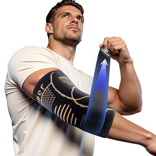 Copper Elbow Compression Sleeve for Tennis Elbow, Tendonitis, Golfers | Medical Elbow Brace with Adjustable Strap, Targeted Support for Weightlifting, Arthritis, Bursitis - Fit for Men & Women