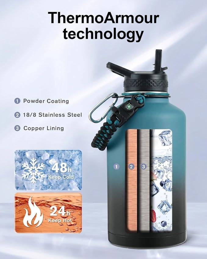 Trebo One Gallon Water Bottle Insulated with 3 Lids, Paracord Handle & Bag | 128 oz Large Stainless Steel Water Jug, Triple Wall Vacuum Copper Plated, Dishwasher Safe, Keeps Cold 48 Hrs for Hiking, Gym