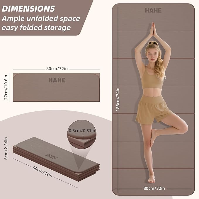 HAHE Foldable Yoga Mat 74"Lx32"Wx1/3"Thick, Folding Exercise Mats | Non-slip Wide Pilates Mats for Home Workout/Travel, Portable Yoga Mat Thick for Yoga/Pilates/Camping/Floor Exercises