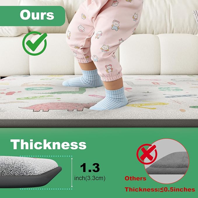 1.3" Thick Baby Play Mat for Floor, Elasti-Foam 50x50 Playpen Mat, Water Repellent Ultra Soft Coral Velvet Tummy Time Crawling Mats for Kid Toddlers Infants, Non-Slip Backing Safe Alphabet Zoo