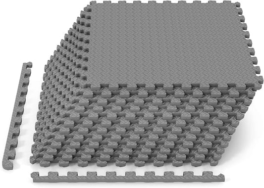 Tangkula 12 Tiles Exercise Flooring Mats with Border, Non-Slip EVA Foam Protective Mats, Elastic Puzzle Play Mats, 1/2" Interlocking Floor Mats for Home Gym, Fitness Room, Workshop Equipment (Gray)