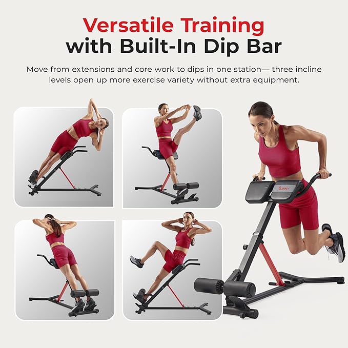 Sunny Health & Fitness Foldable Roman Chair, Back Hyperextension Bench | Adjustable Height, Folds Flat for Storage, Built in Dip Station, Targets Back, Abs & Core, Crunches & Back Extensions