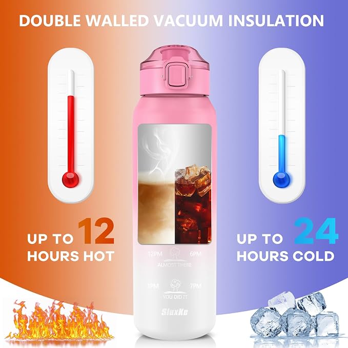 SLUXKE 32oz Insulated water bottle with 2 Lids (Straw and Chug Lid), 18/10 Stainless Steel Water Bottle BPA Free, Double Wall Vacuum Wide Mouth Insulated Water Bottle for Men, Women & Kids PINK WHITE