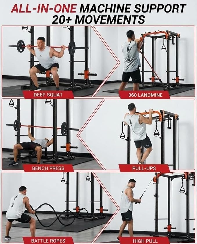 Power Cage with LAT Pulldown & Cable Crossover System, 2000LBS Multi-Functional Power Rack, All-in-1 Weight Cage Home Gym with Adjustable Pulley System, Squat Rack for Garage, Home