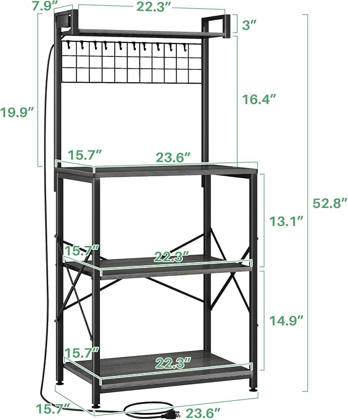 SNTD Bakers Rack with Power Outlet, Microwave Stand, Grey, 23.5" W | Coffee Stand, 4 Tiers Kitchen Storage Shelves, Wire Grid Panel, 10 Hooks, Metal Frame, Triple X-Shaped Reinforcement
