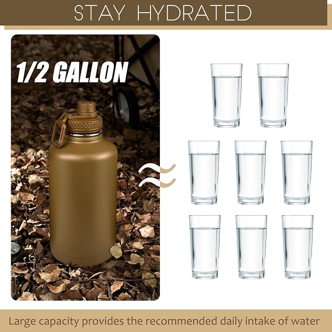 DEFUNX Half Gallon Water Bottle with Sleeve - 64 Oz Insulated Water Jug with Handle - Green Stainless Steel Sports Water Bottle for Gym Workout Hiking Tactical Bottle Holder with Pouch Khaki