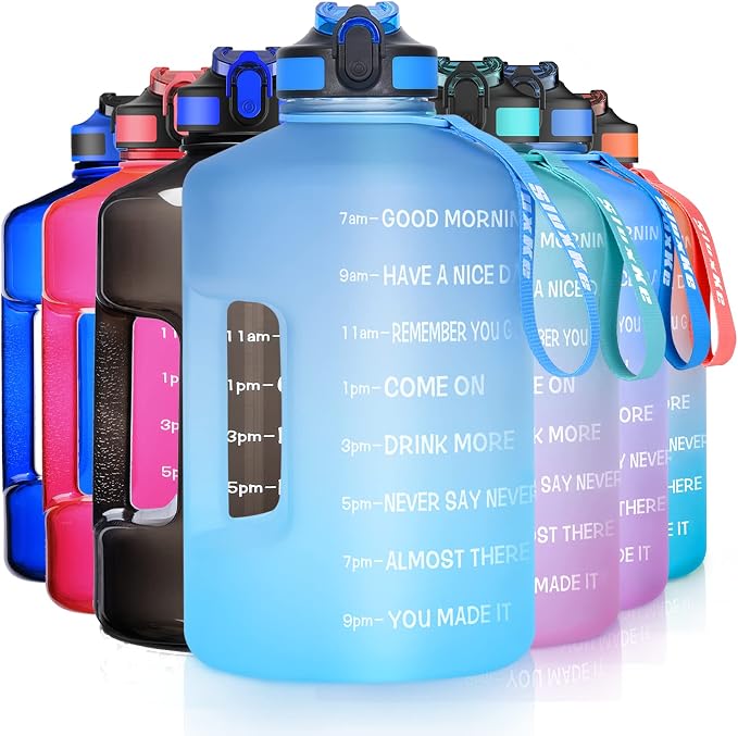 SLUXKE 1 Gallon Motivational Sports Water Bottle with Time Marker, BPA Free 128oz Leak Proof Jug, Black, Plastic, 128 ounces, Fitness, Sports, Outdoor Activities