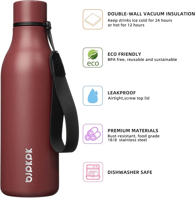BJPKPK 18oz Insulated Water Bottle, Stainless Steel Bottle with Carry Strap | Keep Cold & Hot Vacuum Insulation, Leak-Proof BPA-Free Design, Slim Bottle Fits Most Cup Holders for Gym, Office & Travel
