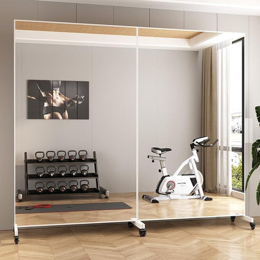 Home Gym Rolling Mirror 72"x40" – Extra Large Full Length Mirror with Wheels, Mobile Tempered Glass Floor Mirror, 360° Swivel, for Workout, Garage, Dance Studio, Yoga, Bedroom, White