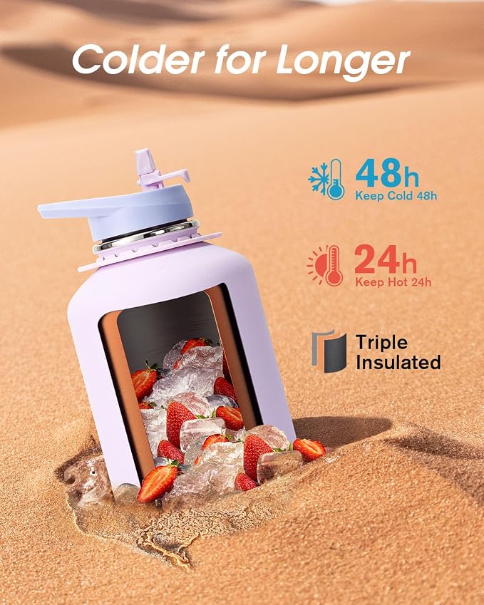 Coolflask Half Gallon Water Bottle Insulated Stainless Steel with Strap | 64 oz Large Water Jug with Straw & Spout Lids,Triple-Wall, Cold 48+h,Dishwasher Safe, Leakproof, BPA-Free,for Gym & Hiking