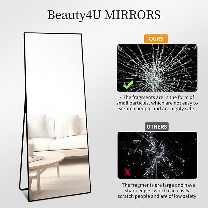 Beauty4U 59" x 16" Full Length Mirror with Stand, Black Floor Mirror | Standing, Leaning, or Wall-Mounted Tempered Glass Full Body Mirror with Metal Frame for Bedroom, Closet, Modern Home Decor
