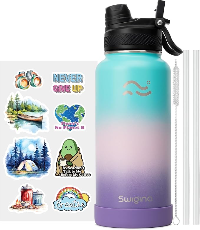 Swigina [2-IN-1 LID] Insulated Water Bottle with Silicone Boot (36hrs Cold/18hrs Hot) - DIY Stickers, Leakproof, BPA Free, 32 oz