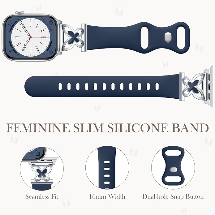 Lerobo Slim Silicone Band Compatible with Apple Watch Bands for Women | Dressy Metal Butterfly 16mm Thin Strap for iWatch Series 11 10 9 8 7 6 5 4 SE Ultra 38mm 40mm 41mm 42mm 44mm 45mm 46mm 49mm