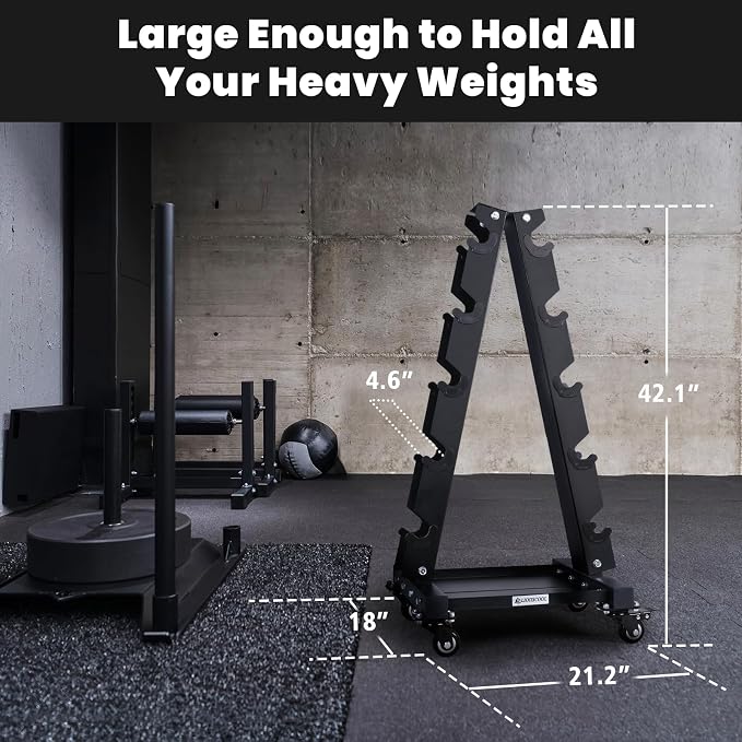 LIONSCOOL Dumbbell Rack Stand Only, A-Frame Rolling Weight Storage and Tray | 5 Tier Steel Rack with Premium Solid Wheels, Portable Home Gym Fitness Storage Organizer, 200/300/700LBS Weight Capacity