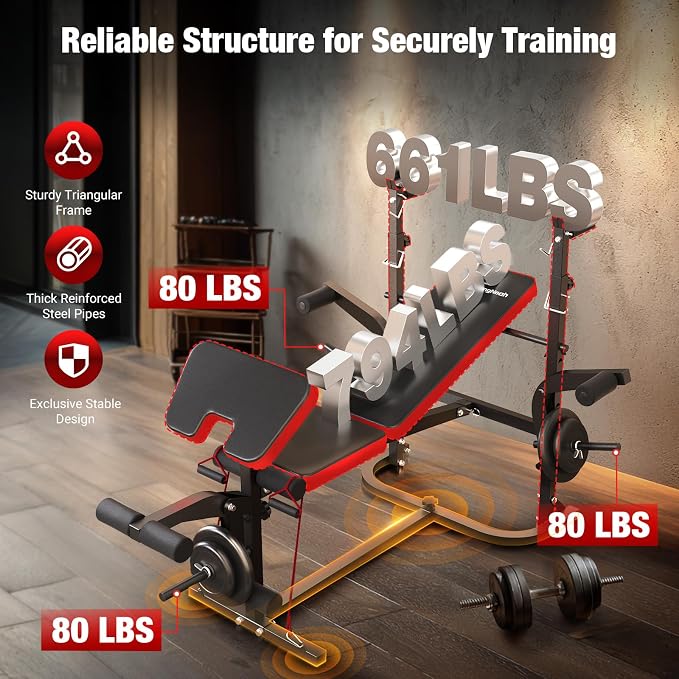 6-in-1 Foldable Weight Bench Set, 1695LBS Adjustable Workout Bench/Barbell Rack/Curl Pad, Bench Press, Leg Extension and Curl machine, Workout Fitness Equipment w/Squat Rack for Home Gym
