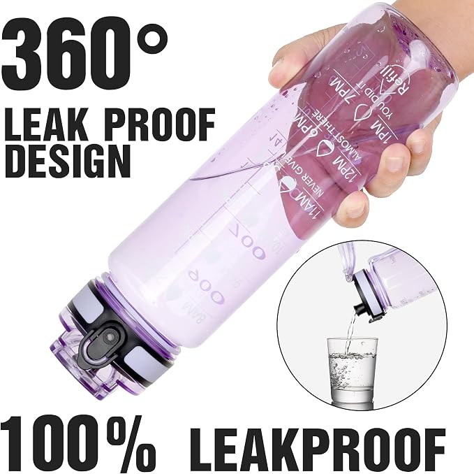 OLDLEY Water Bottle, 32oz Motivational Sports Water Bottle with Time Marker - Times to Drink - Tritan, BPA Free, Wide Mouth Leakproof,Amethyst