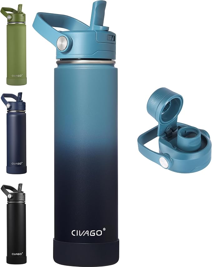 CIVAGO 24 oz Insulated Stainless Steel Water Bottle with Removable Straw | Large Leakproof Metal Water Jug, Sports Thermal Flask Cup with Bucket Handle, Silicone Boot, Dishwasher Safe,Indigo Black