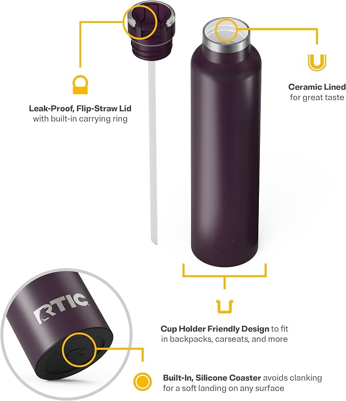 RTIC 26oz Journey Water Bottle Ceramic Lined Metal Stainless Steel Vacuum Insulated, BPA Free, Reusable, for Water, Hot and Cold Drinks, Travel, Sports, Camping, Plum