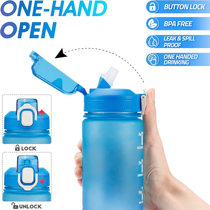 YC Kitchen 32oz Motivational Water Bottle with Straw & Carrying Strap | Leak-proof BPA Free Sports Water Bottles with Time Marker, with Times to Drink,Fitness, Gym, and Outdoor Sports