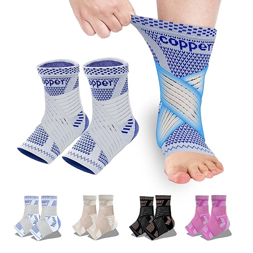 LISEPWU Copper Ankle Brace with Adjustable Compression Bandage, Ankle Support Compression Sleeve for Men & Women, for Foot Pain, Sprained Recovery, Achilles Tendonitis, Sports Protection(Blue M)