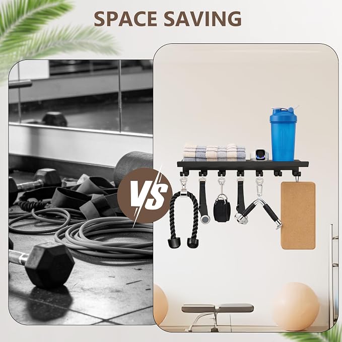 Floating Shelf Organizer, Space Saving Home Gym Storage Rack,Black | Workout Metal Holder with Hooks, Multi Purpose Wall Shelves for Fitness Equipment, Towel, Water Bottle