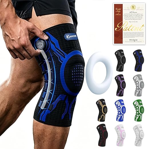 Kuangmi Knob Knee Brace for Pain Relief, Knee Support with Patella Gel Pad & Side Stabilizers, Compression Knee Sleeve for Workout, Arthritis, Joint Pain, Meniscus Tear (Blue Black,Right,Medium,Single)