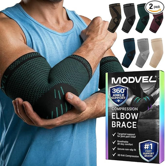 Modvel 2 Pack Elbow Brace for Tendonitis and Tennis Elbow Brace for Women and Men, Elbow Compression Sleeve for Pain Relief and Recovery – Elbow Sleeves Weightlifting Men, Sports & Workout, Arm Brace
