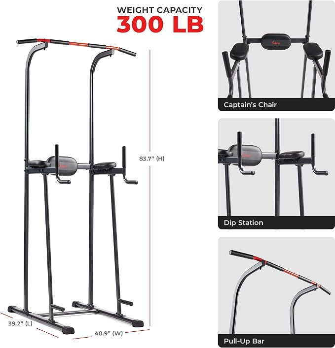 Sunny Health & Fitness Power Tower and Dip Station for Home Training | Multi-Function Strength Training, Pull-Up And Dip Stations, Padded Grips, Sturdy Frames, Captain's Chair