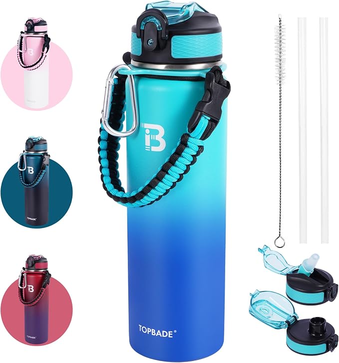 TOPBADE 32oz Insulated Water Bottle with Straw Lid & Spout Lid & Paracord Handle, Stainless Steel Water Bottle Wide Mouth, Double Wall for Women Men Gym Fitness Outdoor