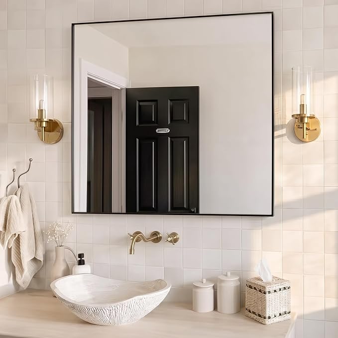 30" x 30" Square Matte Black Wall Mirror, Modern Geometric Metal Framed Decor, Bathroom Vanity & Entryway Accent Mirror, Flush Mount