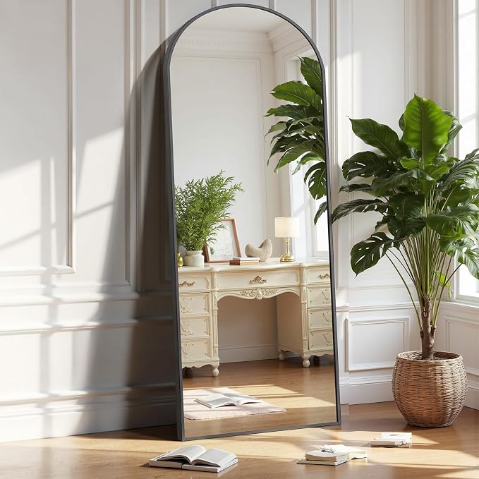 OLIXIS 59"x16.6" Arched Full Length Mirror, Full Body Mirror with Stand | Aluminum Alloy Thin Frame, Free Standing Mirrors for Bedroom, Hanging or Leaning Floor, Living Room Bedroom, Black