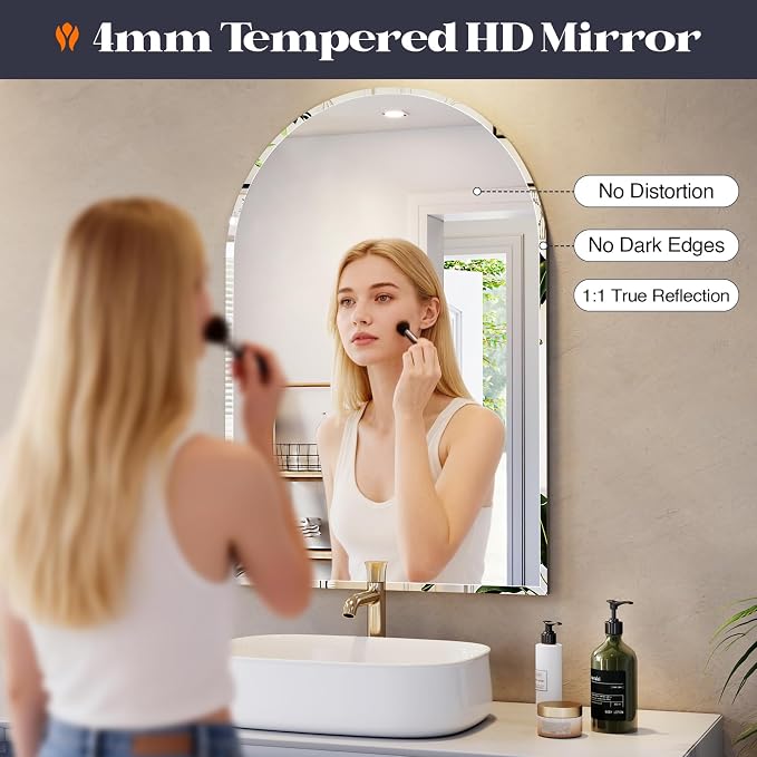 Frameless Bathroom Mirror, 28" x 42" Arched Vanity Mirror for wall Beveled, Arch Wall Mounted Mirror for Bedroom, Entryways, Over Sink