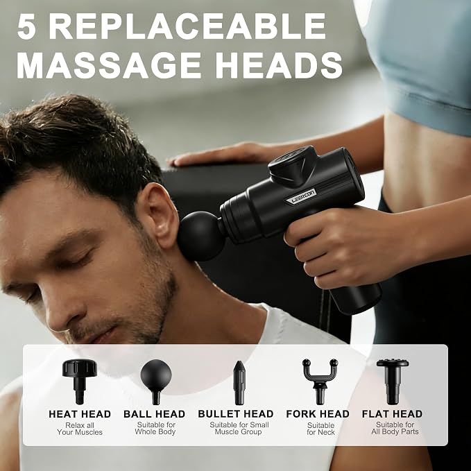 LEERCON Massage Gun with Heat, Deep Tissue Back Massager Gun Gifts for Men | Mini Percussion Massage Gun with 5 Heads and 6 Speeds 104 - 122°F, Ideal Gifts for Men Women Dad Mom Athletes, Black