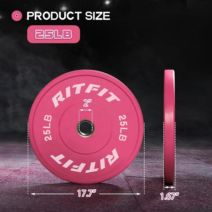 RITFIT Pink Olympic Bumper Plates with Steel Insert for Home Gym | High-Density Rubber with Low Bounce, 2-Inch Olympic Bore with Steel Insert, Pink Color for Strength Training