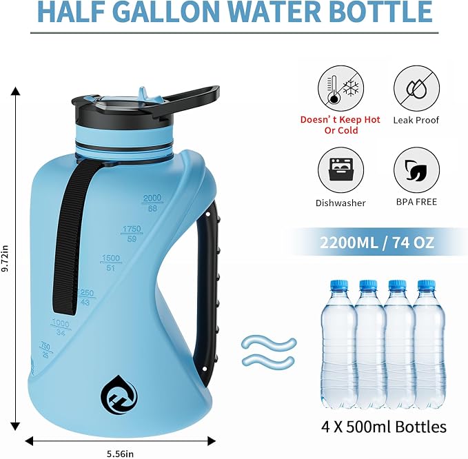 64oz Half Gallon Water Bottle with Straw & Chug Lid, Dishwasher Safe BPA-Free PP Plastic Jug, Heavy Duty Shatter-proof Gym Bottle with Handle & Carrying Strap